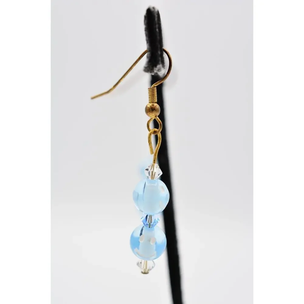 Dangle Beaded Earrings Sky Blue Happy Face Crystal Drop Round 1990s BinAA